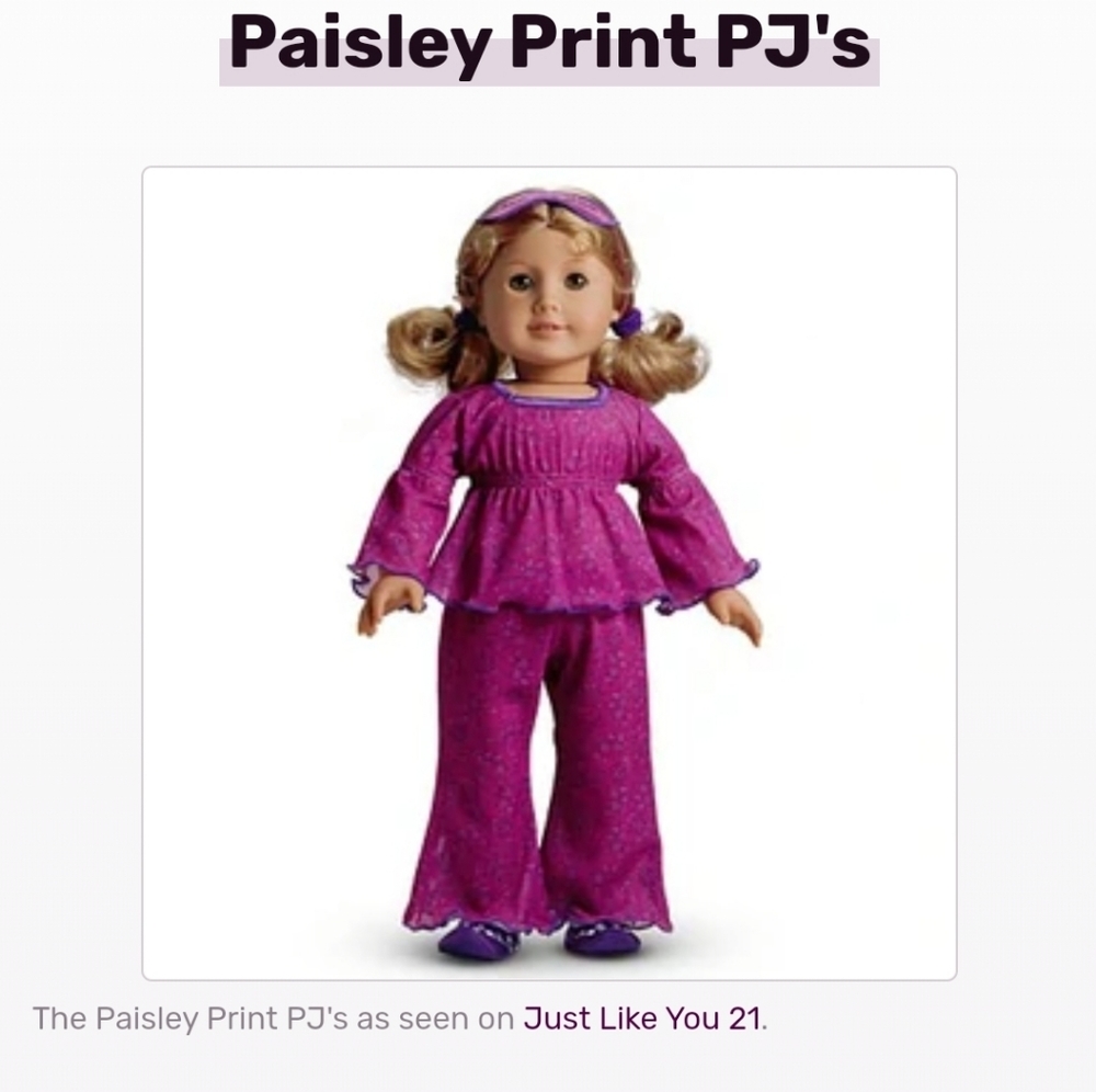 American Girl Paisley Print Two Piece Pajamas, Slippers, & Sleep Mask. Very good